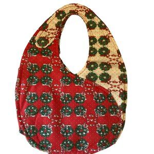Handcrafted Yin Yang Christmas Wreath Fabric Red Green Beige Purse Tote Handbag